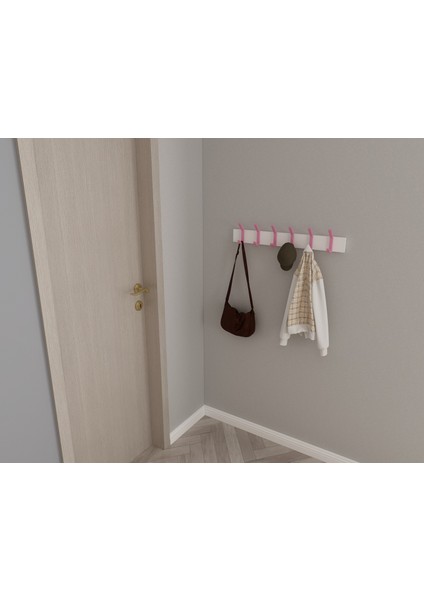 Modern Duvar Kanca Askılık - 6 Adet Pembe Askılık - Beyaz Mdflam - Model 101