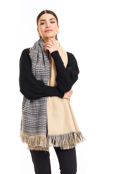 Çift Taraflı Ekoseli Yünlü Omuz Şalı - 70X190CM - Kışlık Şal