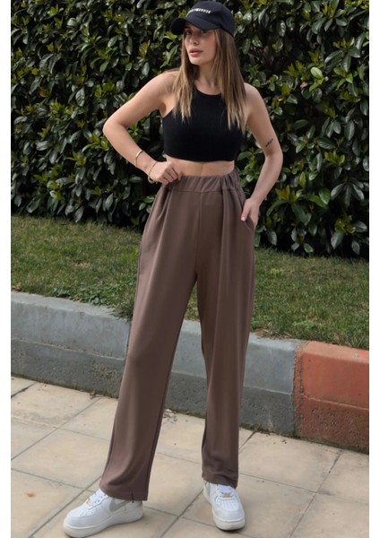 Kadın Kahve Beli Lastikli Cepli Paçası Pliseli Salaş Pantolon