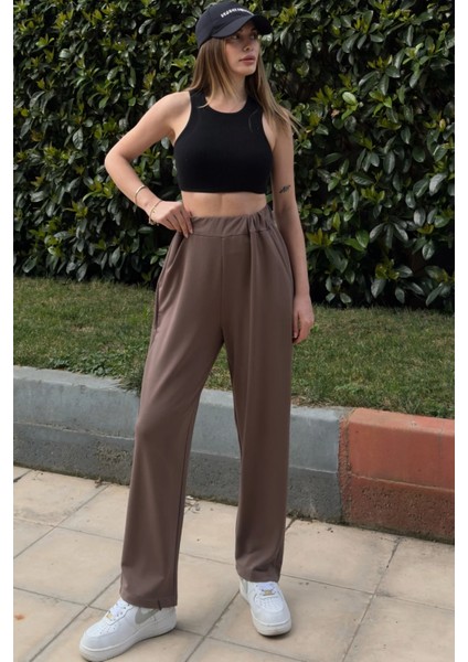 Kadın Kahve Beli Lastikli Cepli Paçası Pliseli Salaş Pantolon modelleri