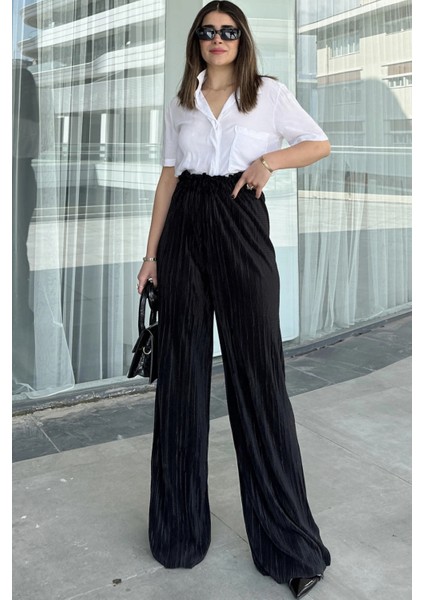 Kadın Siyah Beli Lastikli Yüksel Bel Salaş Kesim Bol Paça Bürümcük Pantolon