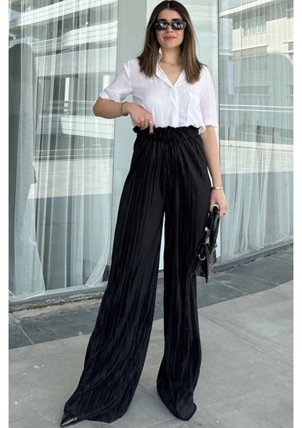 Kadın Siyah Beli Lastikli Yüksel Bel Salaş Kesim Bol Paça Bürümcük Pantolon fiyatları