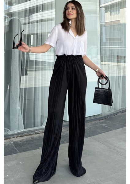 Kadın Siyah Beli Lastikli Yüksel Bel Salaş Kesim Bol Paça Bürümcük Pantolon modelleri