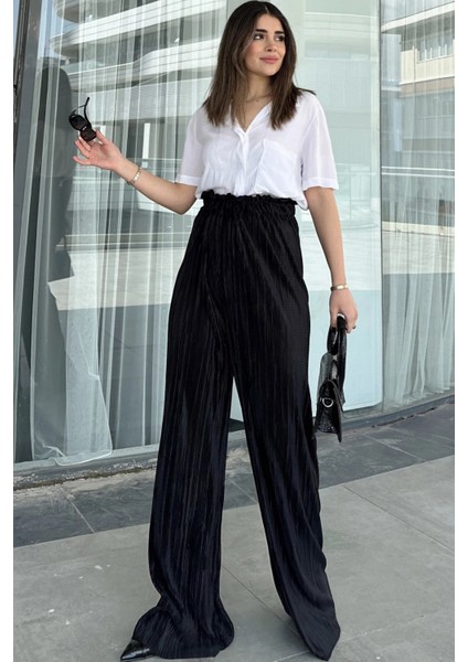 Kadın Siyah Beli Lastikli Yüksel Bel Salaş Kesim Bol Paça Bürümcük Pantolon fırsatları