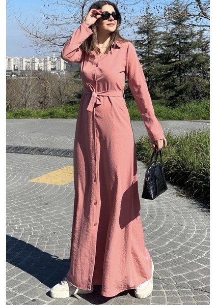 Kadın Pudra Kupra Kumaş, Uzun Kol, Beli Kuşaklı, Vucüda Oturan Kalıp, Uzun Gömlek Elbise