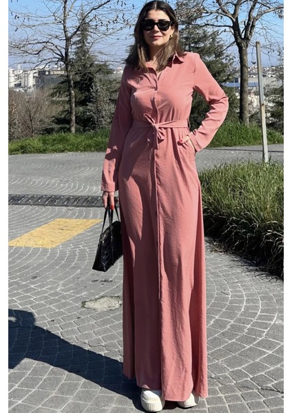 Kadın Pudra Kupra Kumaş, Uzun Kol, Beli Kuşaklı, Vucüda Oturan Kalıp, Uzun Gömlek Elbise modelleri
