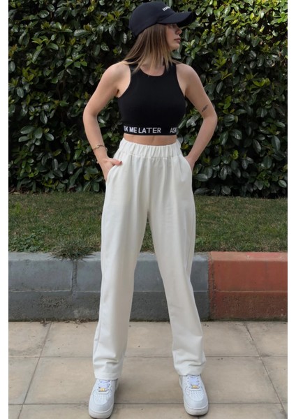 Kadın Ekru Beli Lastikli Cepli Paçası Pliseli Salaş Pantolon