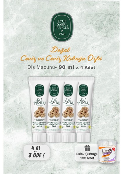 Ceviz Özlü Diş Macunu 90 Ml 4 Al 3 Öde Ve Kulak Çubuğu 100 Adet