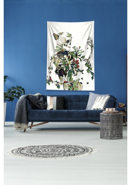 Beyaz Çiçekli Iskelet Leke Tutmaz Kadife Kumaş Duvar Örtüsü Duvar Halısı Tapestry