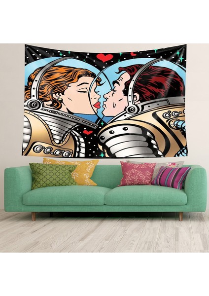 Dünyadan Uzak Astronot Aşıklar Leke Tutmaz Kadife Dokulu Kumaş Duvar Örtüsü Duvar Halısı Tapestry