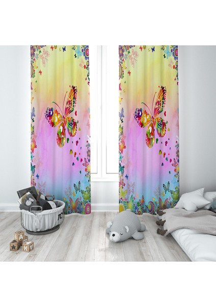 Çok Renkli Kelebek Desenli Dijital Baskı Yıkanabilir Bebek Çocuk Odası Fon Perdesi