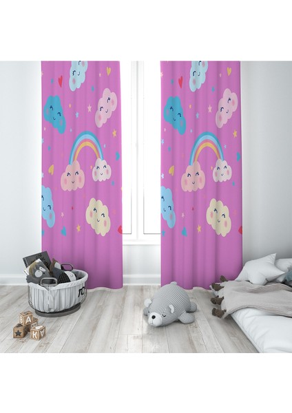 Pembe Bulut Ve Gökkuşağı Desenli Dijital Baskı Yıkanabilir Bebek Çocuk Odası Fon Perdesi