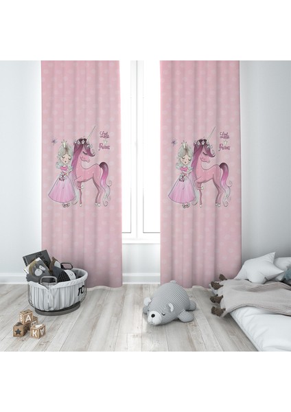 Pembe Unicorn Ve Prenses Desenli Dijital Baskı Yıkanabilir Bebek Çocuk Odası Fon Perdesi