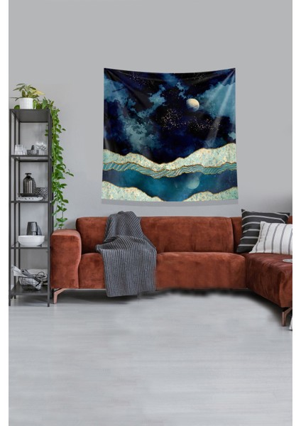 Lacivert Ay Desenli Leke Tutmaz Kadife Kumaş Duvar Örtüsü Duvar Halısı Tapestry