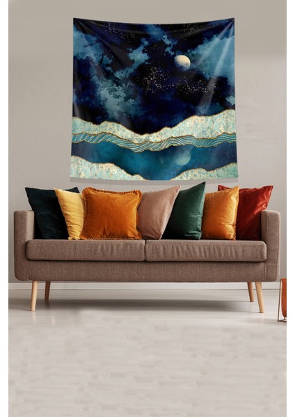 Lacivert Ay Desenli Leke Tutmaz Kadife Kumaş Duvar Örtüsü Duvar Halısı Tapestry fiyatları