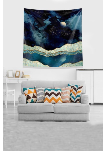 Lacivert Ay Desenli Leke Tutmaz Kadife Kumaş Duvar Örtüsü Duvar Halısı Tapestry modelleri
