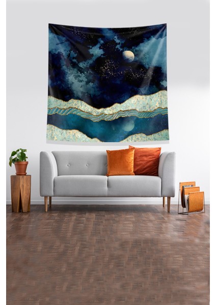 Lacivert Ay Desenli Leke Tutmaz Kadife Kumaş Duvar Örtüsü Duvar Halısı Tapestry fırsatları