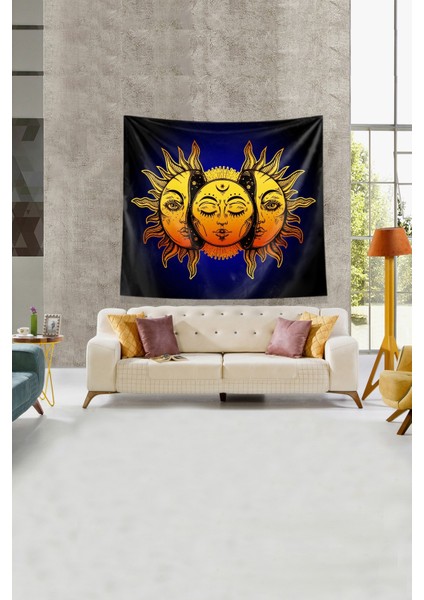 Lacivert Güneşin Içindeki Ay Leke Tutmaz Kadife Kumaş Duvar Örtüsü Duvar Halısı Tapestry