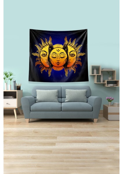 Lacivert Güneşin Içindeki Ay Leke Tutmaz Kadife Kumaş Duvar Örtüsü Duvar Halısı Tapestry