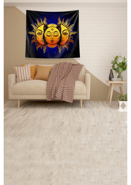 Lacivert Güneşin Içindeki Ay Leke Tutmaz Kadife Kumaş Duvar Örtüsü Duvar Halısı Tapestry