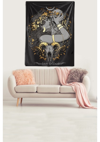 Medusa Ve Iskelet Leke Tutmaz Kadife Kumaş Duvar Örtüsü Duvar Halısı Tapestry