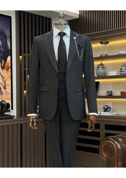 Italyan Stil Slim Fit Erkek Ceket Yelek Pantolon Takım Elbise Siyah T11027 modelleri