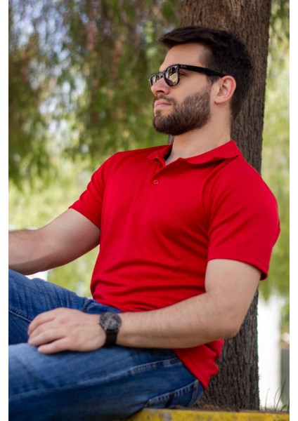 Erkek Kırmızı Petek Tam Esnek Likralı Rahat Ribana Kol Polo Yaka T-Shirt 24Eplysnsp