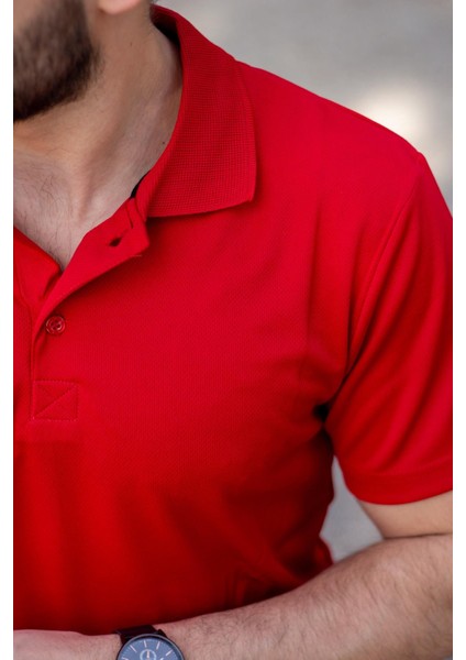 Erkek Kırmızı Petek Tam Esnek Likralı Rahat Ribana Kol Polo Yaka T-Shirt 24Eplysnsp indirimleri