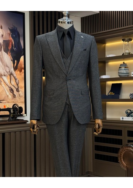 Italyan Stil Slim Fit Ceket Yelek Pantolon Takım Elbise Siyah T9957