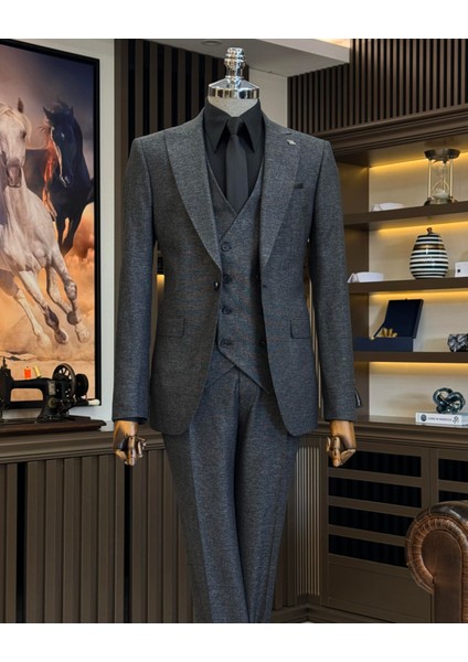 Italyan Stil Slim Fit Ceket Yelek Pantolon Takım Elbise Siyah T9957 modelleri