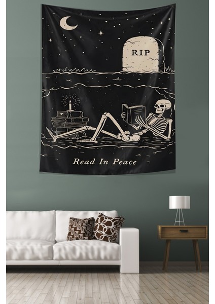 Read In Peace Yazılı Iskelet Desen Leke Tutmaz Kumaş Duvar Örtüsü Duvar Halısı Tapestry