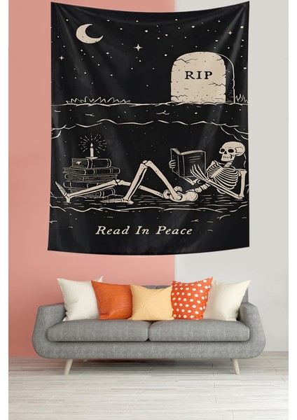 Read In Peace Yazılı Iskelet Desen Leke Tutmaz Kumaş Duvar Örtüsü Duvar Halısı Tapestry