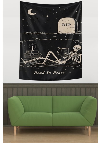 Read In Peace Yazılı Iskelet Desen Leke Tutmaz Kumaş Duvar Örtüsü Duvar Halısı Tapestry