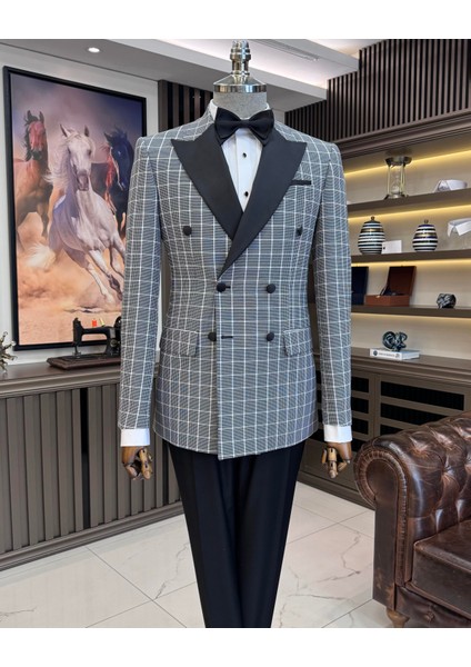 Italyan Stil Slim Fit Ekose Kruvaze Ceket Pantolon Damatlık Set Siyah T11572