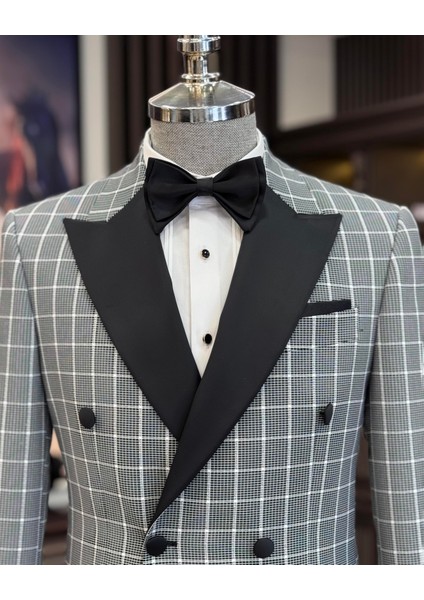 Italyan Stil Slim Fit Ekose Kruvaze Ceket Pantolon Damatlık Set Siyah T11572 fiyatları