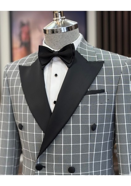 Italyan Stil Slim Fit Ekose Kruvaze Ceket Pantolon Damatlık Set Siyah T11572 fırsatları