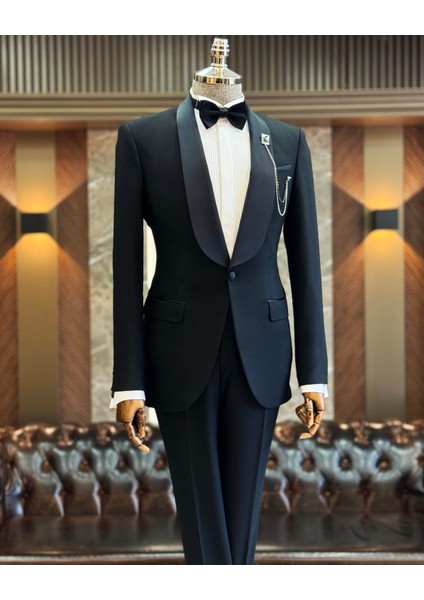 İtalyan kesim slim fit şal yaka ceket pantolon damatlık set siyah T11898