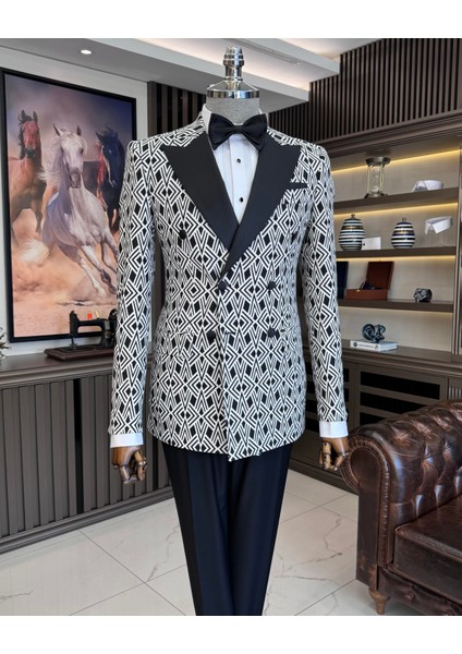 Italyan Stil Slim Fit Desenli Kruvaze Ceket Pantolon Damatlık Set Siyah T11571