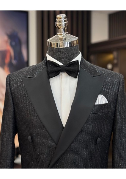 Italyan Stil Slim Fit Simli Kruvaze Ceket Pantolon Damatlık Set Siyah T11568 fiyatları