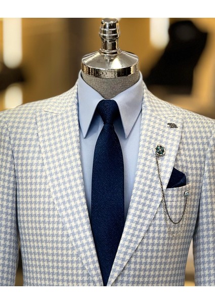 Italyan Stil Slim Fit Kazayağı Desen Erkek Ceket Mavi T11504 fiyatları