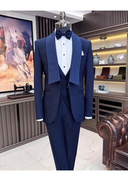 Italyan Stil Slim Fit Şal Yaka Ceket Yelek Pantolon Damatlık Set Lacivert T11618