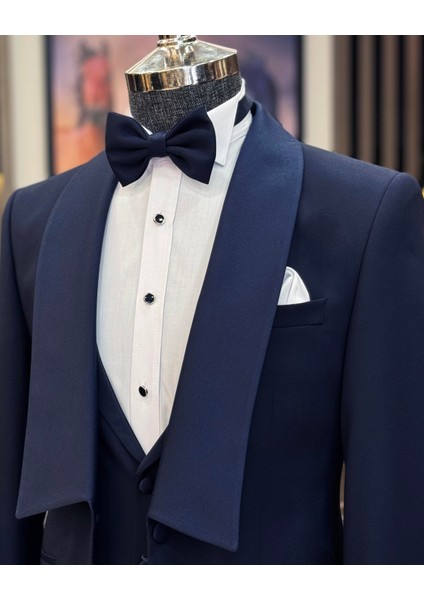 Italyan Stil Slim Fit Şal Yaka Ceket Yelek Pantolon Damatlık Set Lacivert T11618 fiyatları
