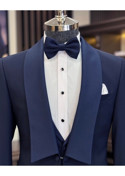 Italyan Stil Slim Fit Şal Yaka Ceket Yelek Pantolon Damatlık Set Lacivert T11618 modelleri