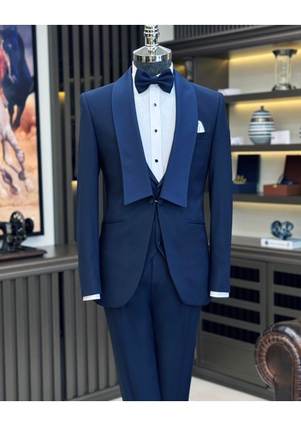 Italyan Stil Slim Fit Şal Yaka Ceket Yelek Pantolon Damatlık Set Lacivert T11618 fırsatları