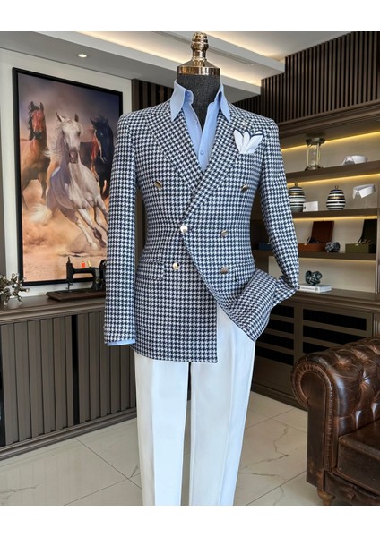 İtalyan stil slim fit kazayağı desen kruvaze erkek ceket lacivert T11495