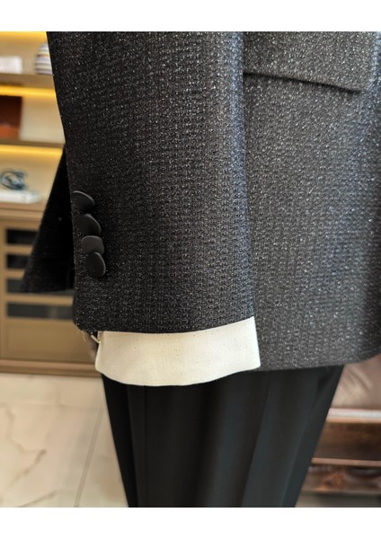 Italyan Stil Slim Fit Simli Kruvaze Ceket Pantolon Damatlık Set Siyah T11568