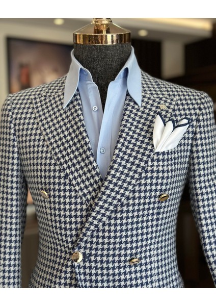 İtalyan stil slim fit kazayağı desen kruvaze erkek ceket lacivert T11495 fiyatları