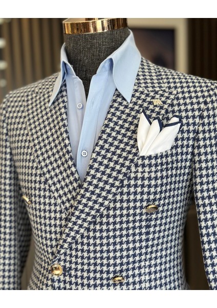 İtalyan stil slim fit kazayağı desen kruvaze erkek ceket lacivert T11495 modelleri