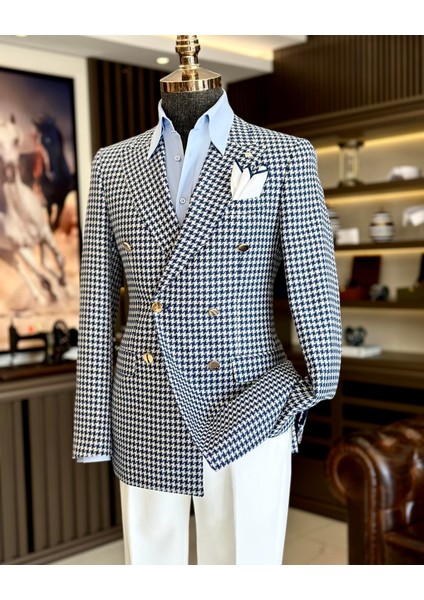 İtalyan stil slim fit kazayağı desen kruvaze erkek ceket lacivert T11495 indirimleri