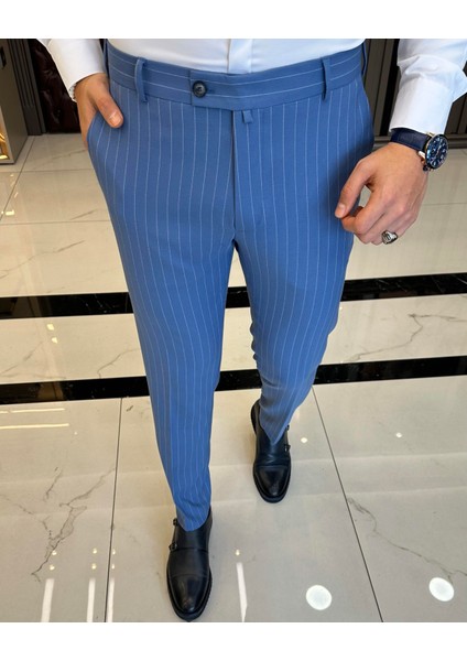 Italyan Stil Slim Fit Erkek Çizgili Kumaş Pantolon Mavi T7748